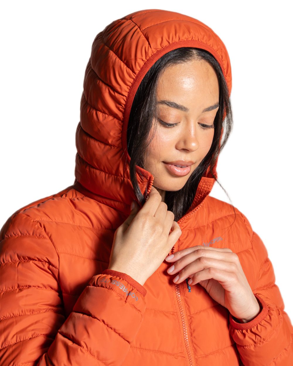 Carnelian Orange Coloured Craghoppers Womens Compresslite IX Hooded Insulating Jacket on white background