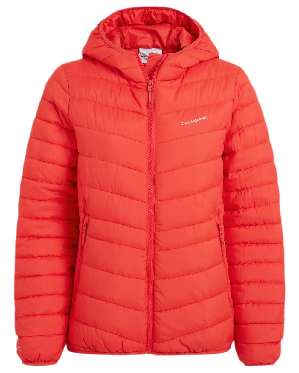 Dawn Red Coloured Craghoppers Womens Compresslite IX Hooded Insulating Jacket on white background