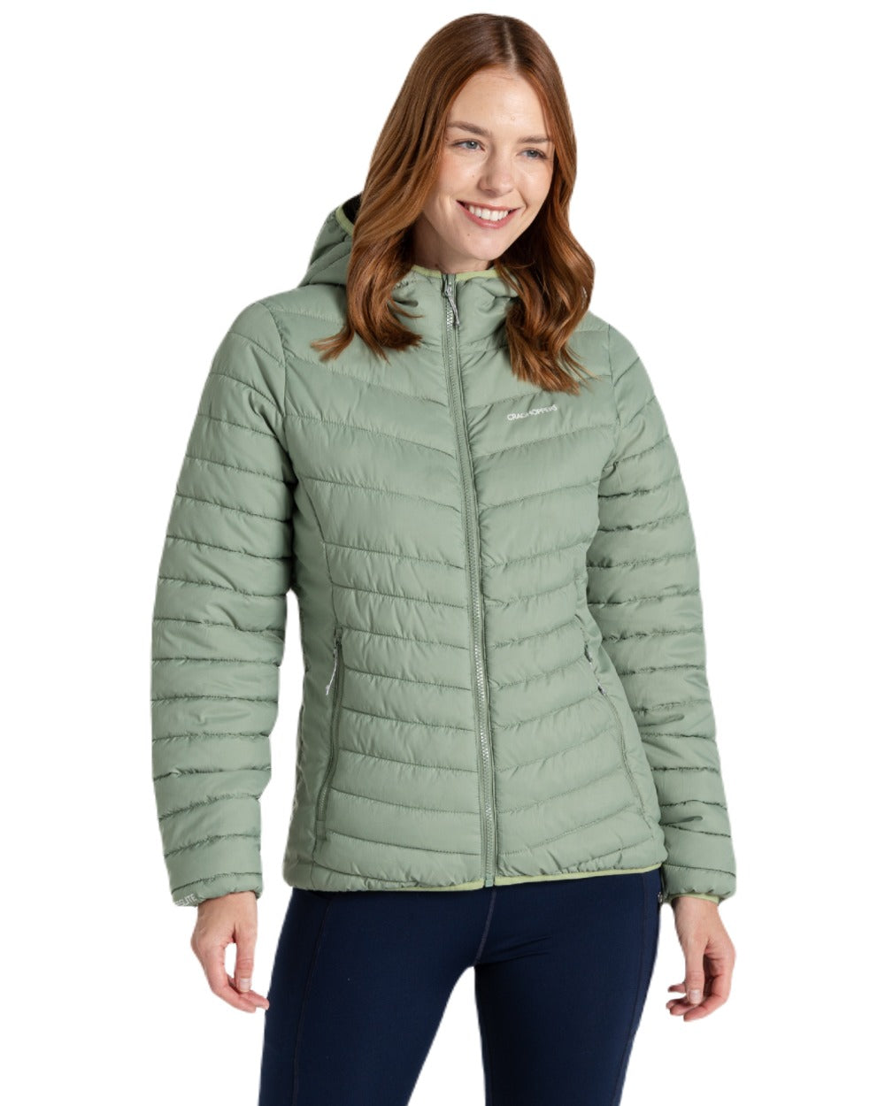 Deep Bud Green coloured Craghoppers Womens Compresslite IX Hooded Insulating Jacket on white background