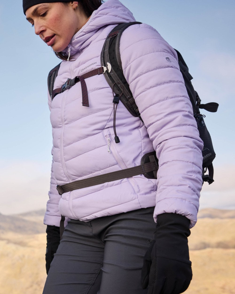 Parma Violet Coloured Craghoppers Womens Compresslite IX Hooded Insulating Jacket on mountain background