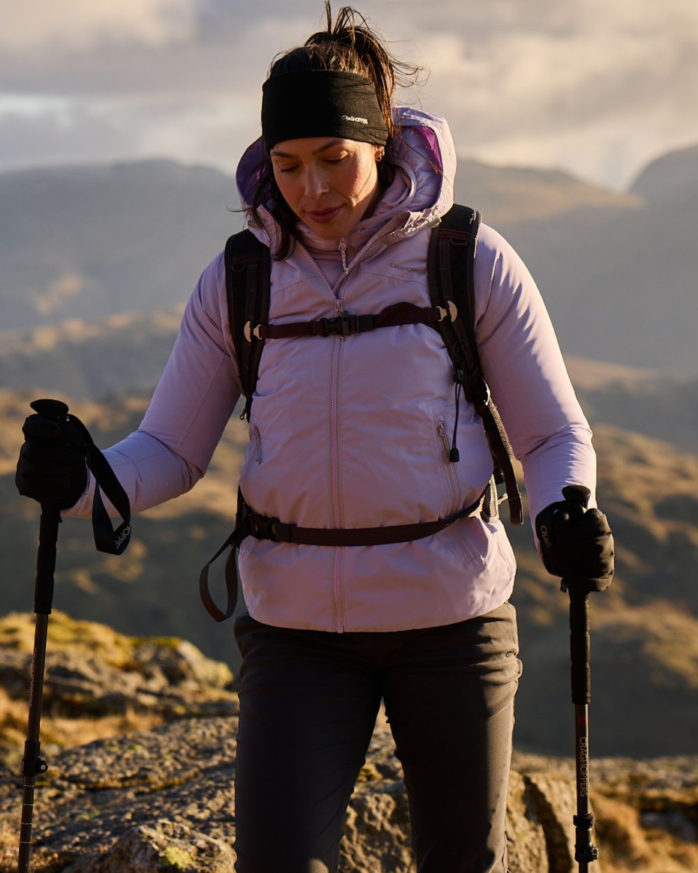 Parma Violet Coloured Craghoppers Womens Compresslite IX Hooded Insulating Jacket on mountain background