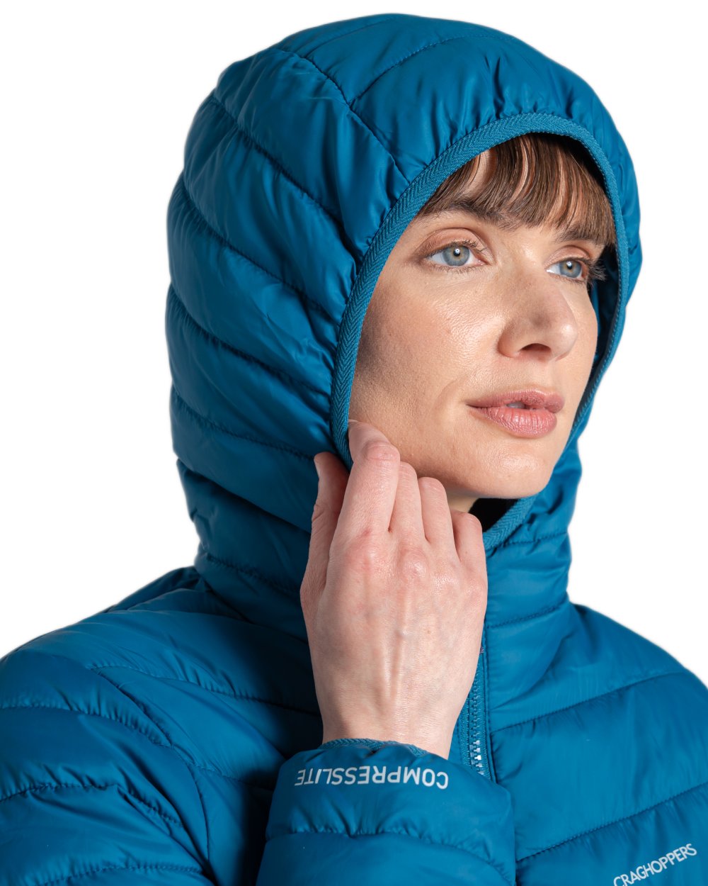 Porcelain Blue Coloured Craghoppers Womens Compresslite IX Hooded Insulating Jacket on white background