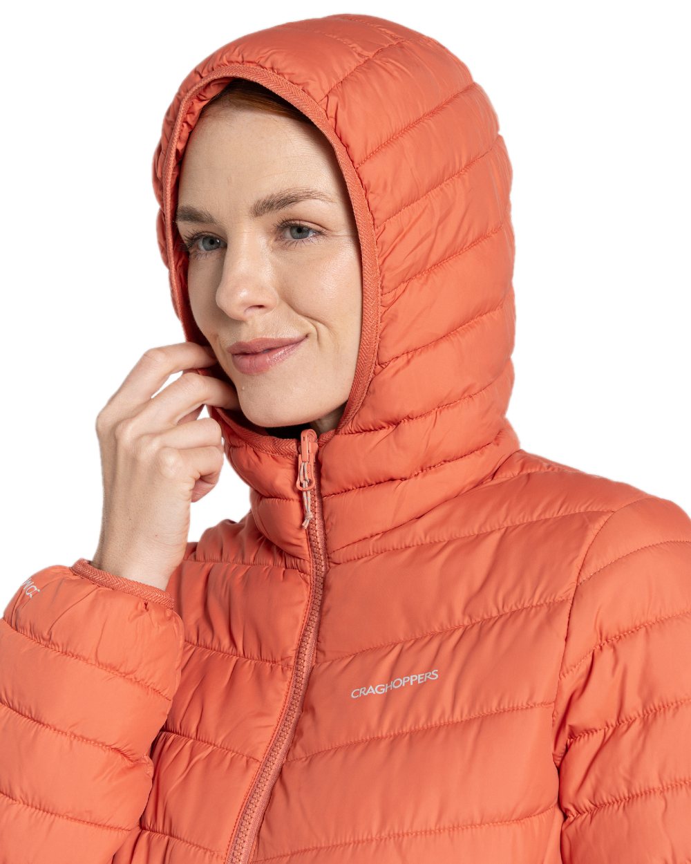 Red Sandstone coloured Craghoppers Womens Compresslite IX Hooded Insulating Jacket on white background