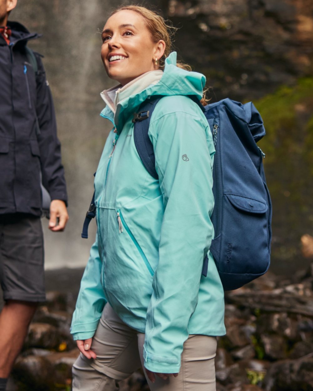 Aqua Sky coloured Craghoppers Womens Dynamic Pro III Waterproof Jacket on mountain background