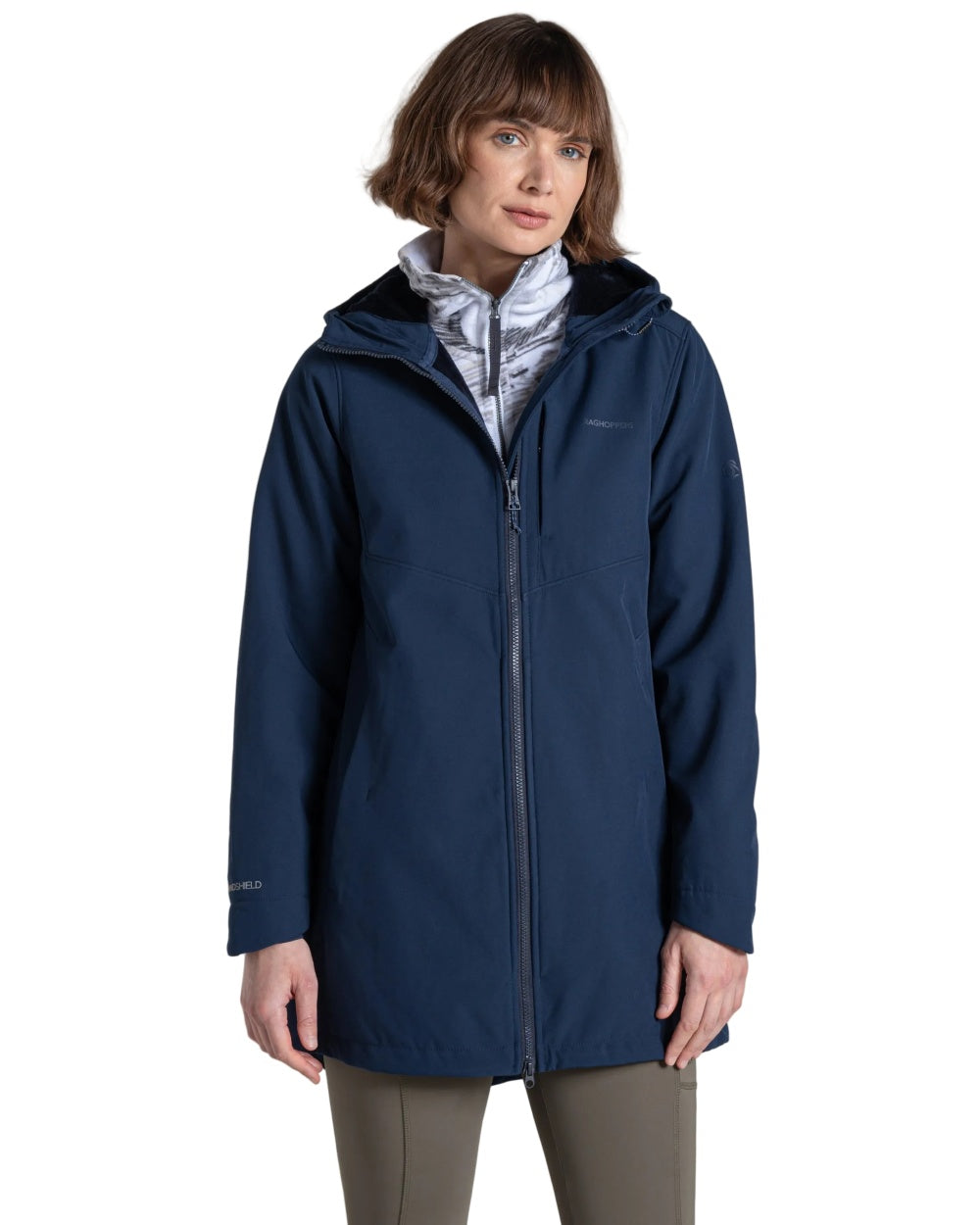Blue Navy coloured Craghoppers Womens Hopegill Hooded Jacket on white background