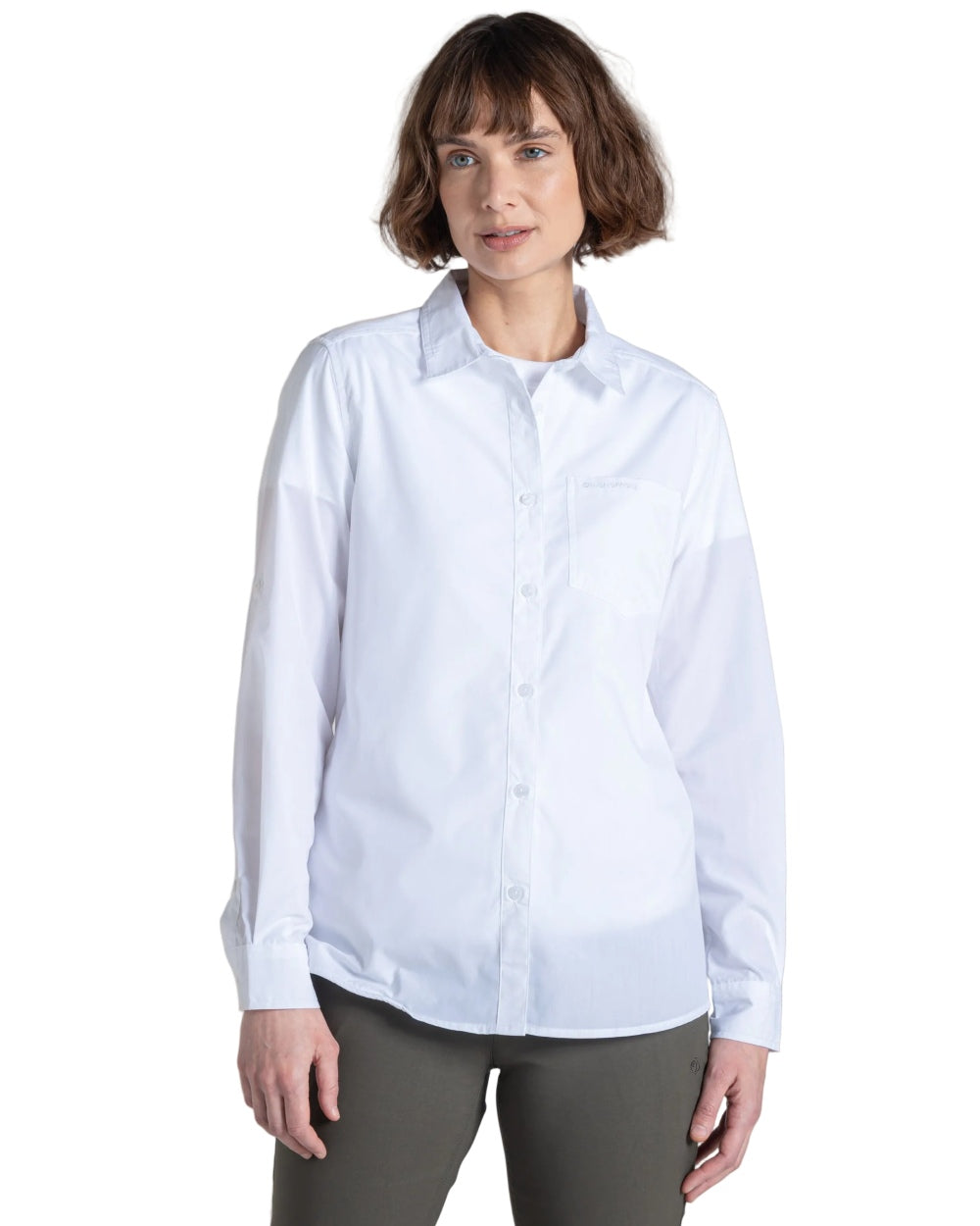 White coloured Craghoppers Womens Kiwi III Long Sleeved Shirt on white background