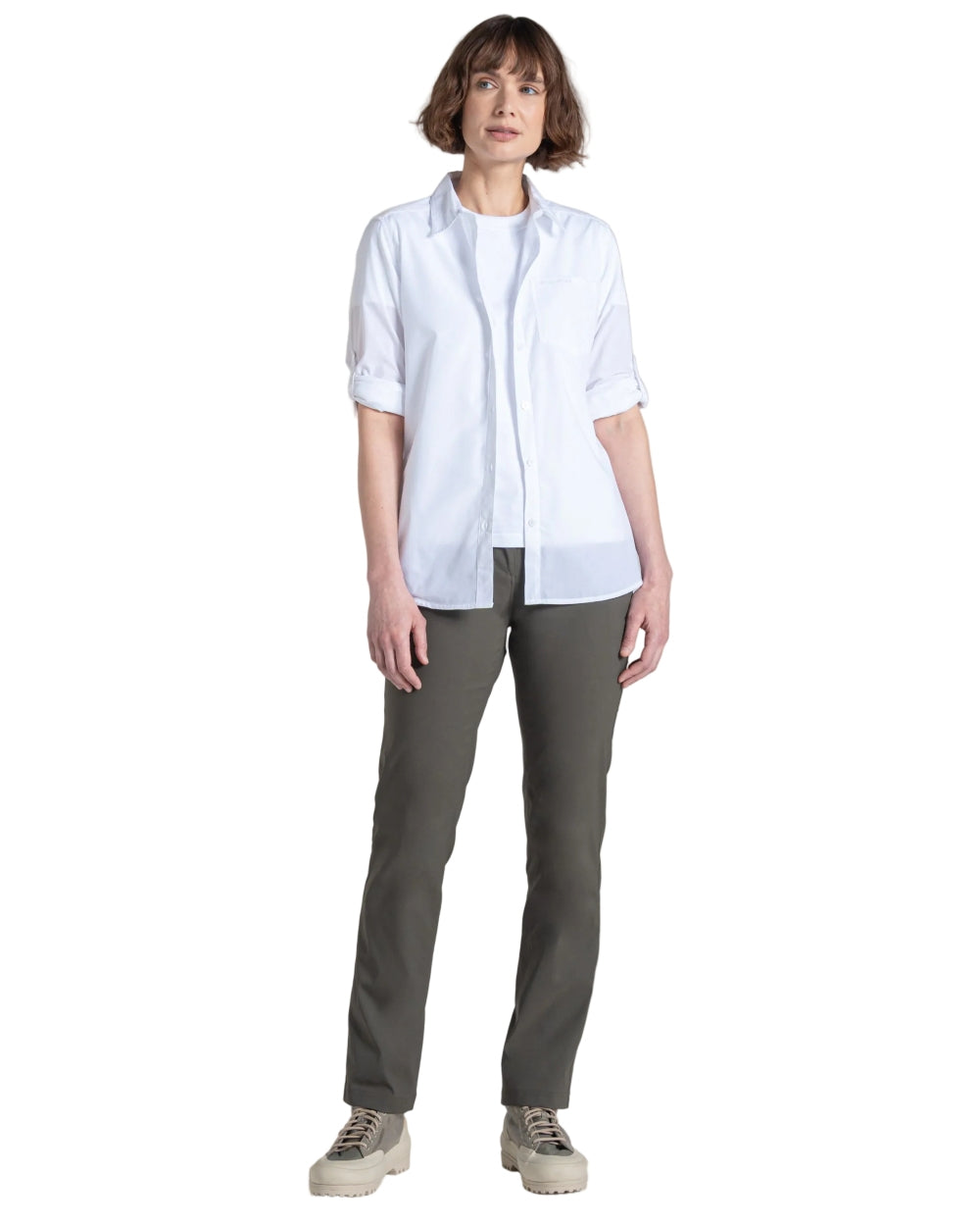 White coloured Craghoppers Womens Kiwi III Long Sleeved Shirt on white background