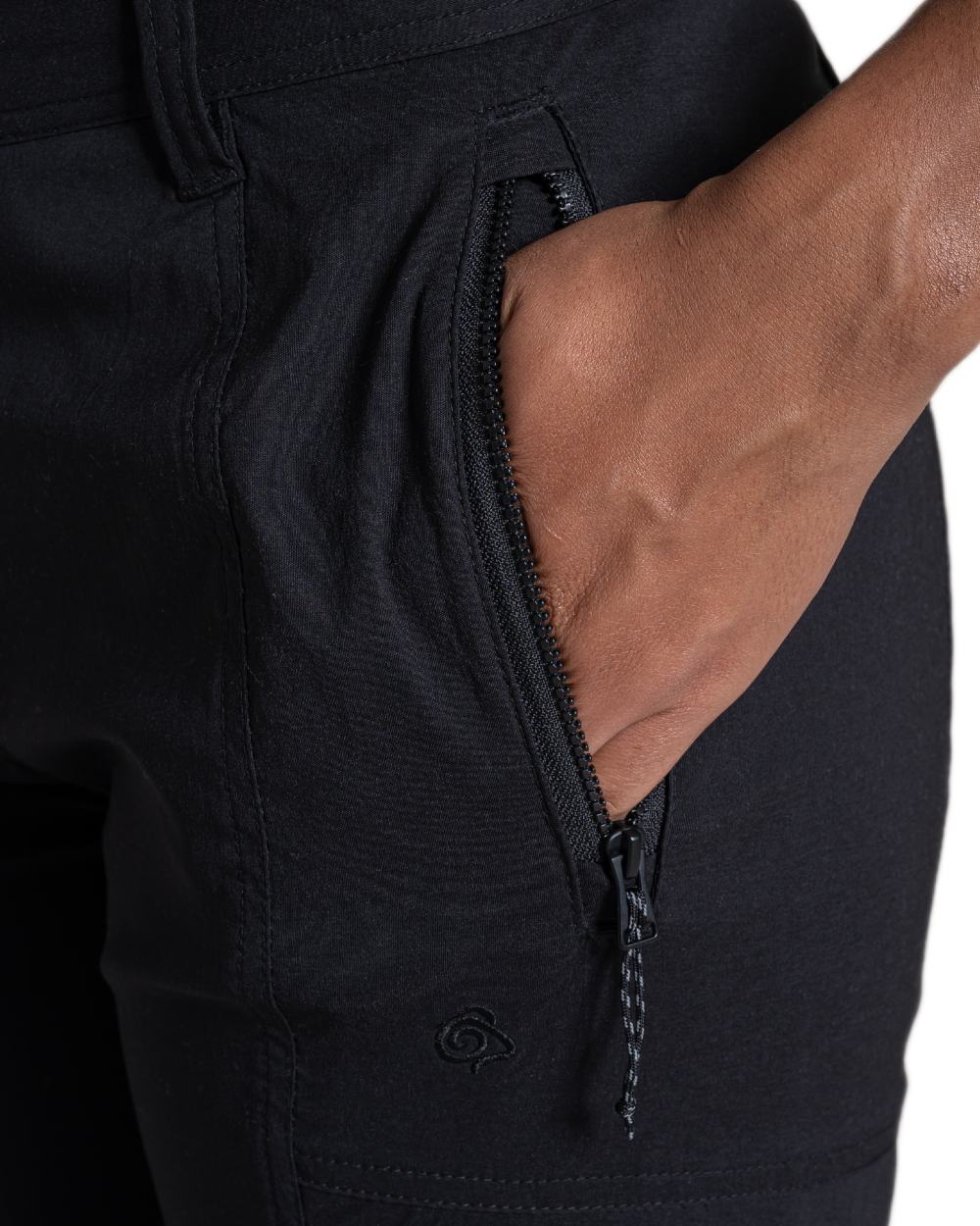 Black coloured Craghoppers Womens Kiwi Pro Cargo Trousers on white background