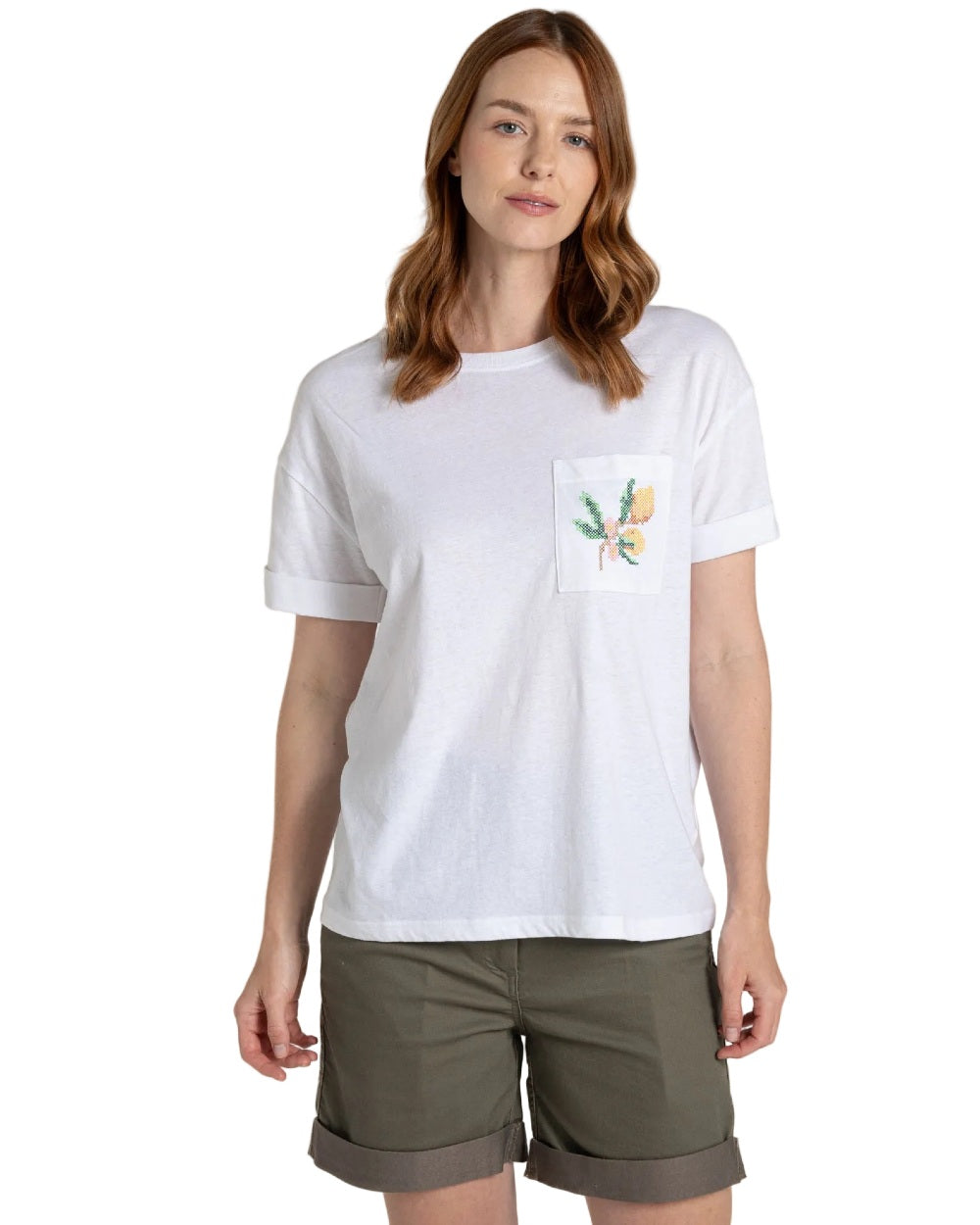 White coloured Craghoppers Womens Maya Short Sleeved T-Shirt on white background