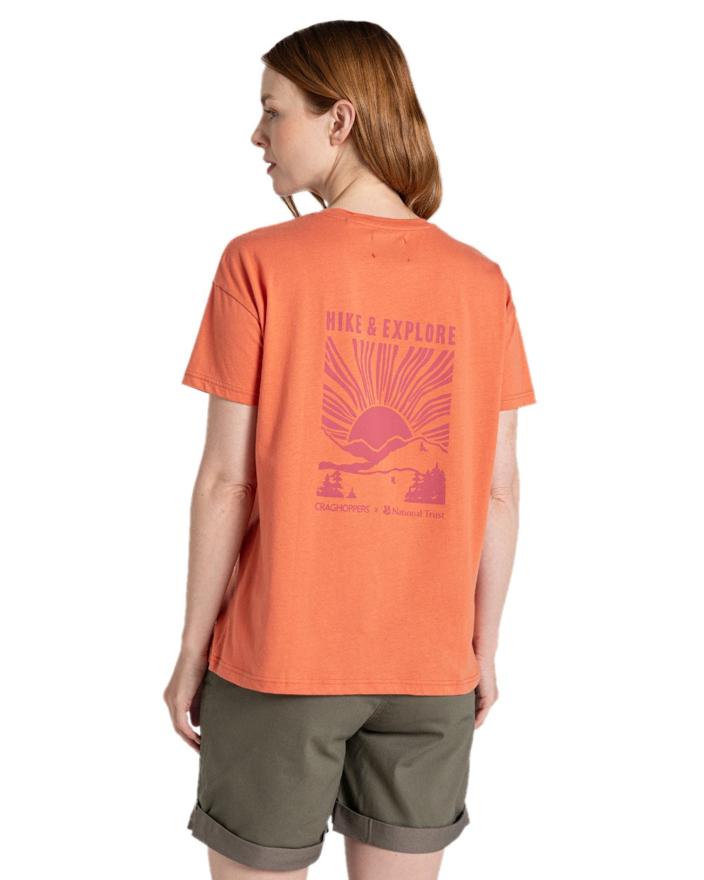 Red Sandstone coloured Craghoppers Womens National Trust Bistort Short Sleeved T-Shirt on white background