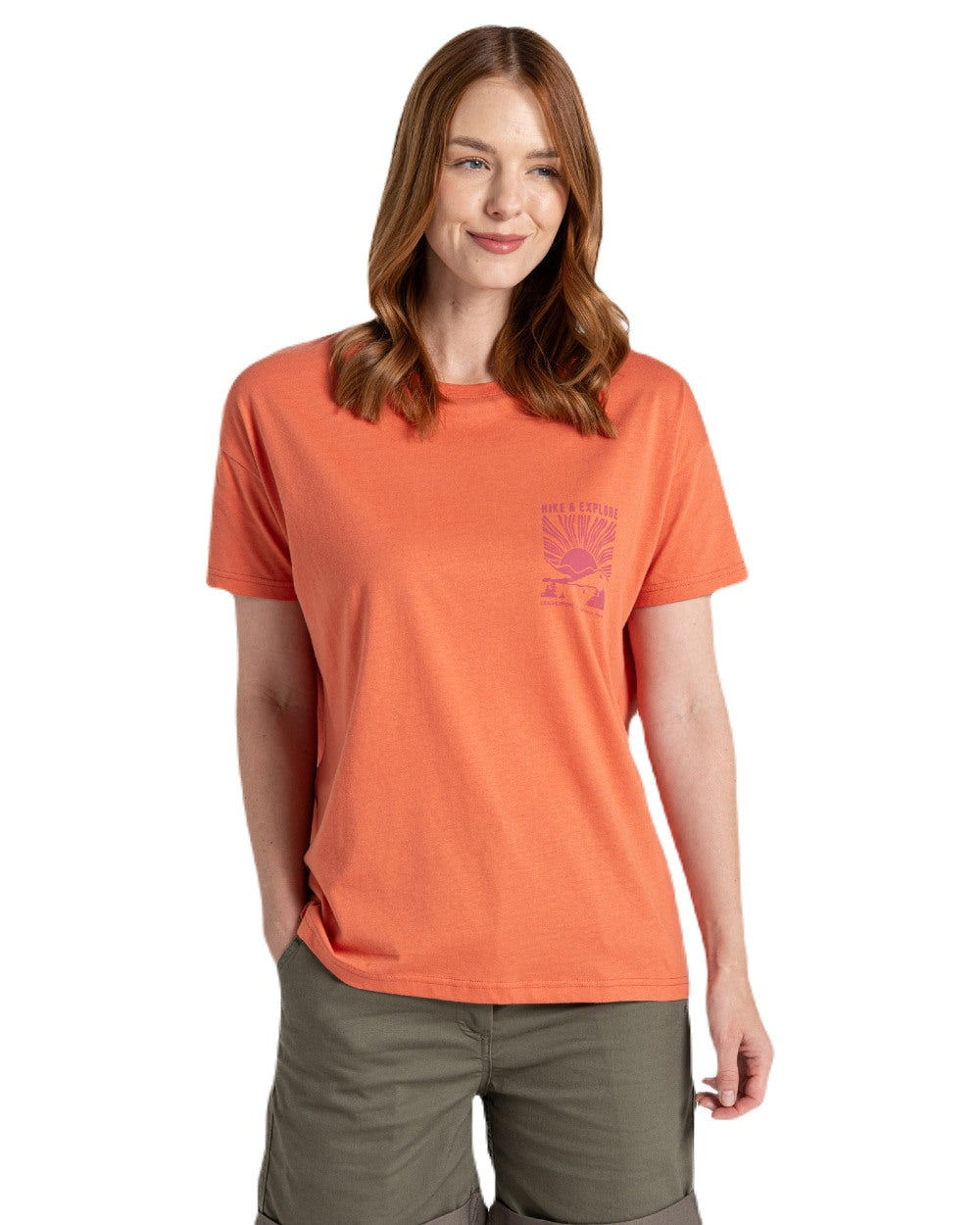 Red Sandstone coloured Craghoppers Womens National Trust Bistort Short Sleeved T-Shirt on white background