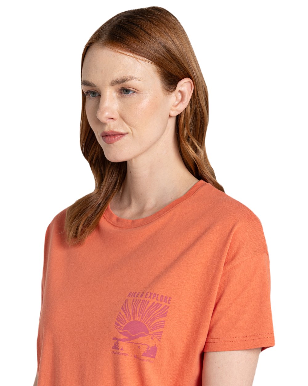 Red Sandstone coloured Craghoppers Womens National Trust Bistort Short Sleeved T-Shirt on white background