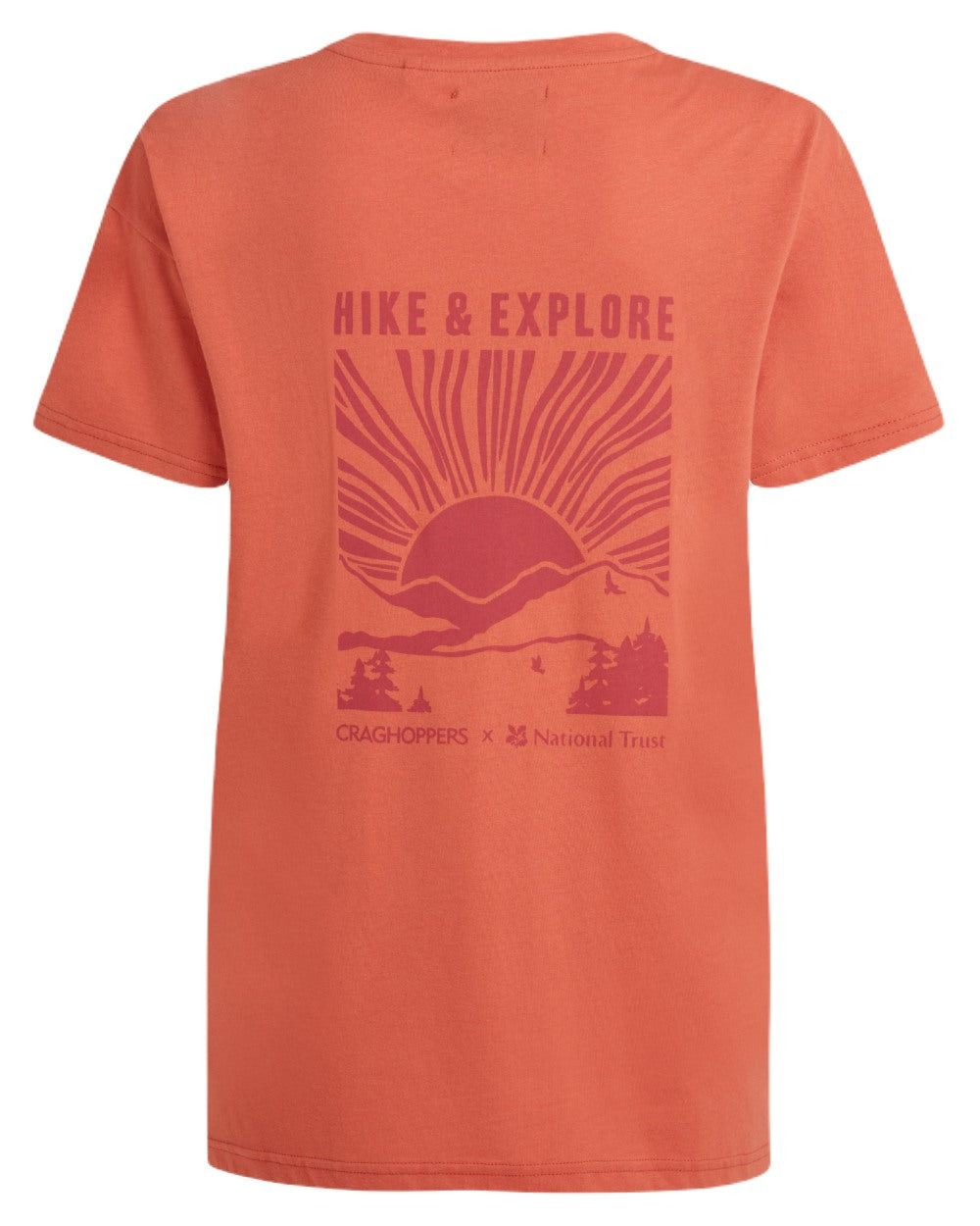 Red Sandstone coloured Craghoppers Womens National Trust Bistort Short Sleeved T-Shirt on white background
