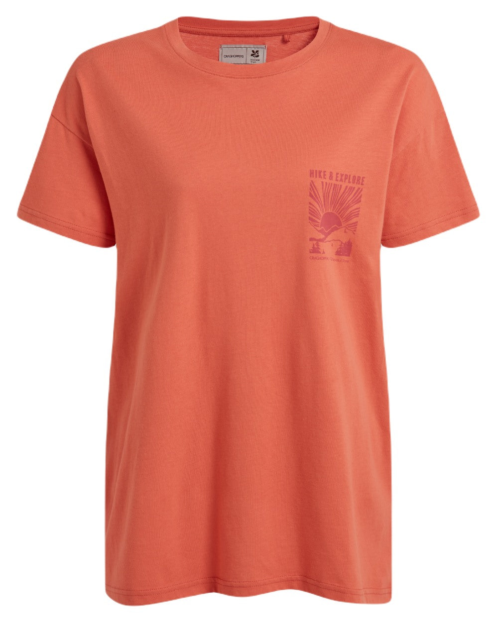 Red Sandstone coloured Craghoppers Womens National Trust Bistort Short Sleeved T-Shirt on white background
