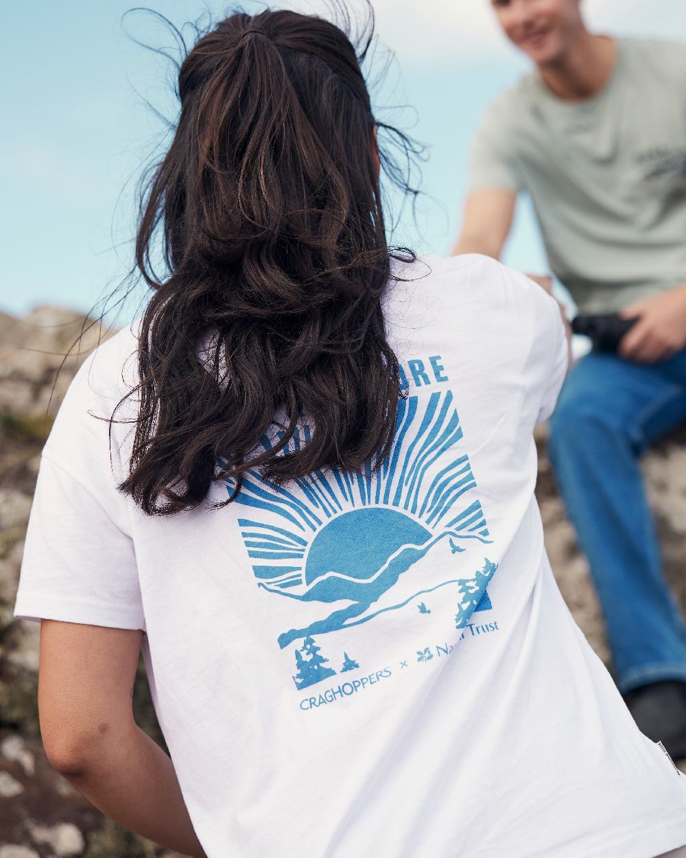 Sea Salt coloured Craghoppers Womens National Trust Bistort Short Sleeved T-Shirt on sky background