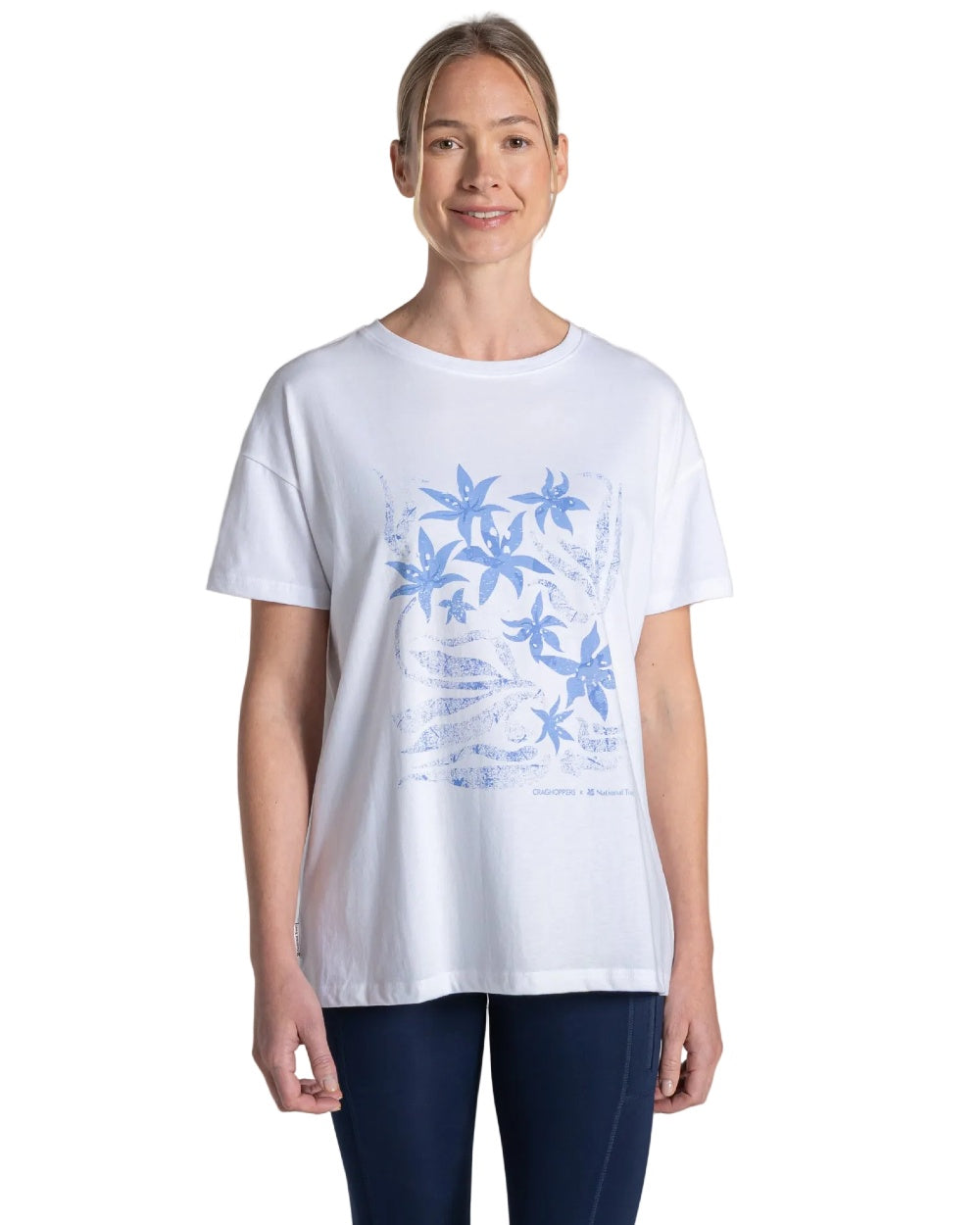 White coloured Craghoppers Womens National Trust Bistort Short Sleeved T-Shirt on white background