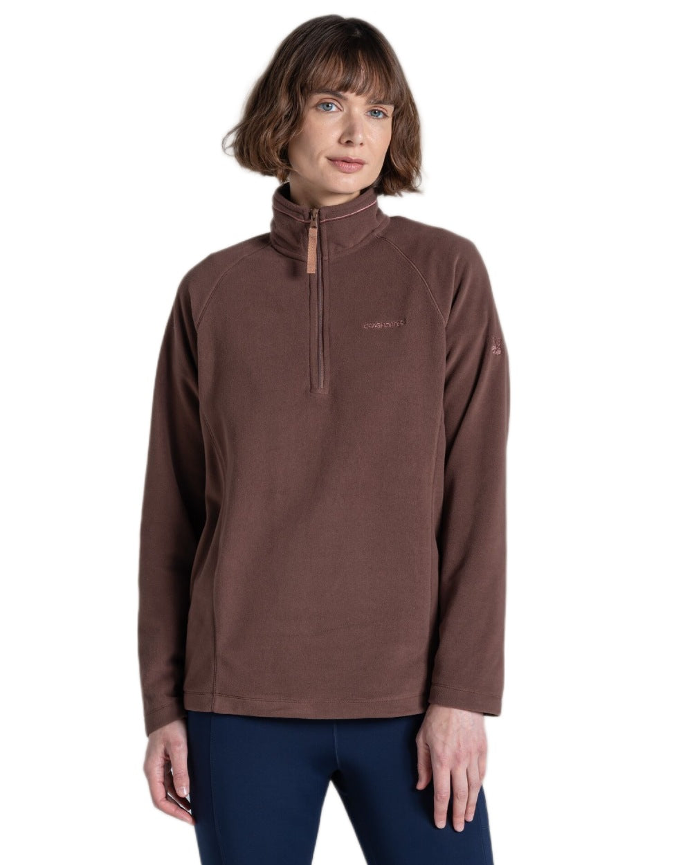 Dark Truffle coloured Craghoppers Womens National Trust Miska Half Zip Top on white background
