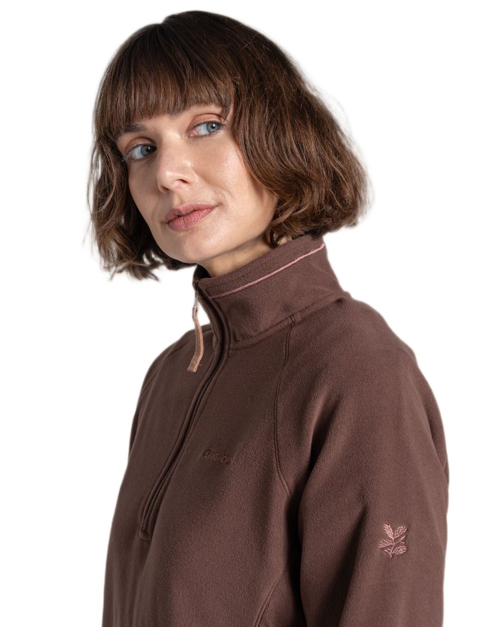 Dark Truffle coloured Craghoppers Womens National Trust Miska Half Zip Top on white background