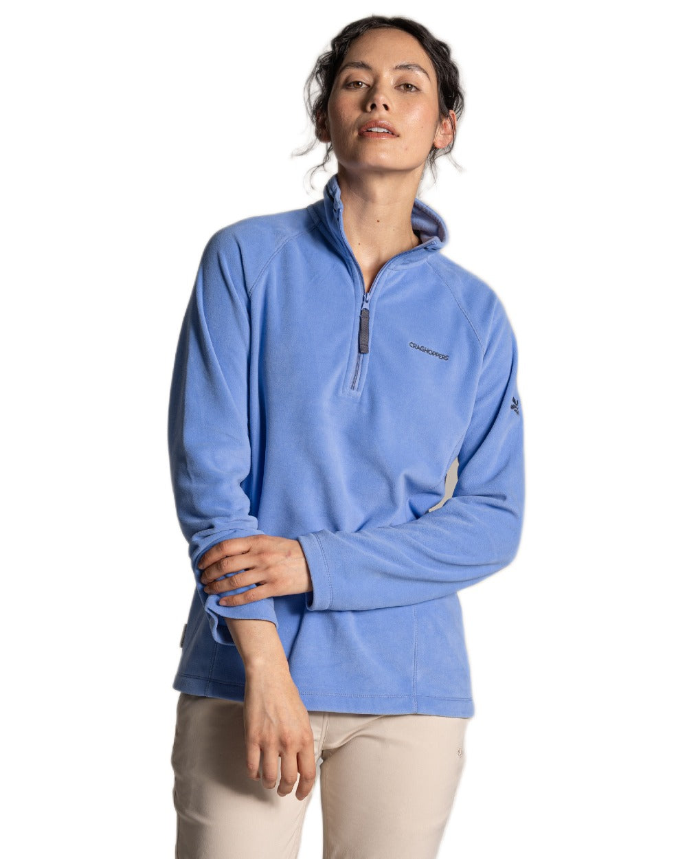 Vinca Blue coloured Craghoppers Womens National Trust Miska Half Zip Top on white background