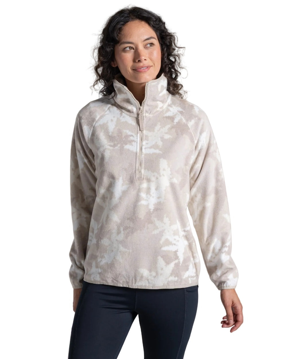 Oyster Print coloured Craghoppers Womens National Trust Reedmace Half Zip Fleece Top on white background