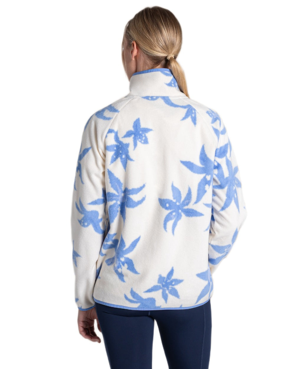 Vinca Blue Print coloured Craghoppers Womens National Trust Reedmace Half Zip Fleece Top on white background
