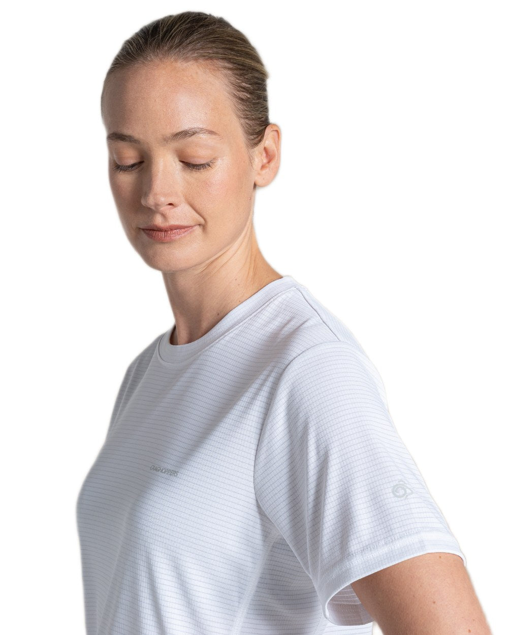 White coloured Craghoppers Womens NosiLIfe SolarShield+ Short Sleeved T-Shirt on white background