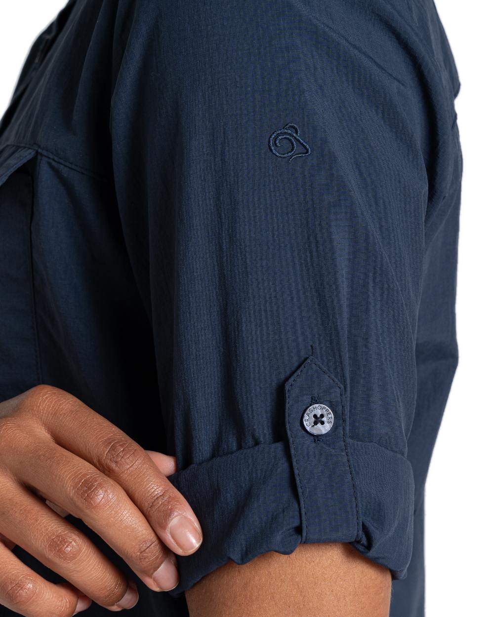 Blue Navy coloured Craghoppers Womens NosiLife Adventure Long Sleeved Shirt III on white background