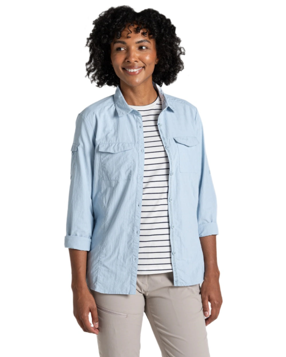 Nimbus Blue coloured Craghoppers Womens NosiLife Adventure Long Sleeved Shirt III on white background