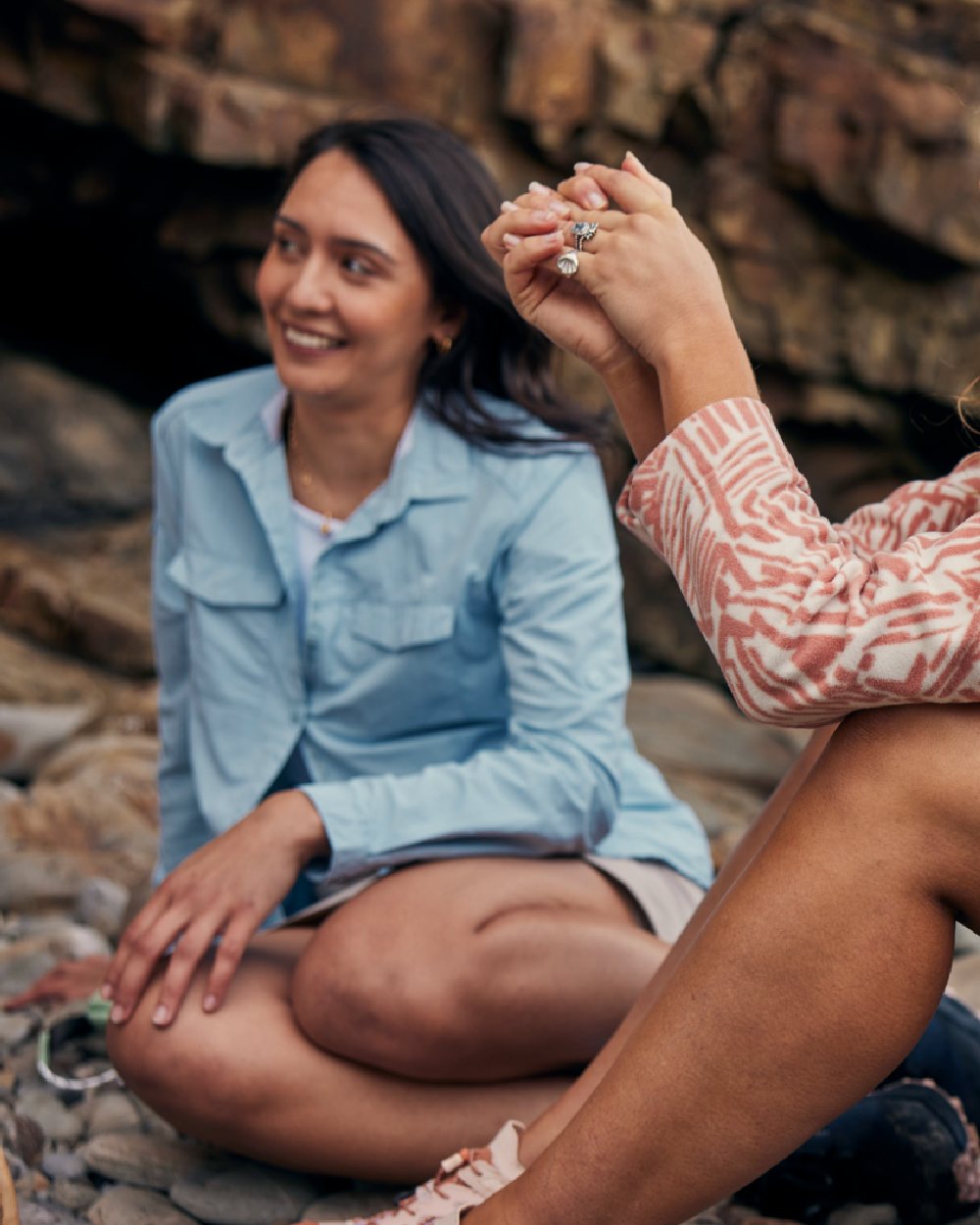 Nimbus Blue coloured Craghoppers Womens NosiLife Adventure Long Sleeved Shirt III on rock background
