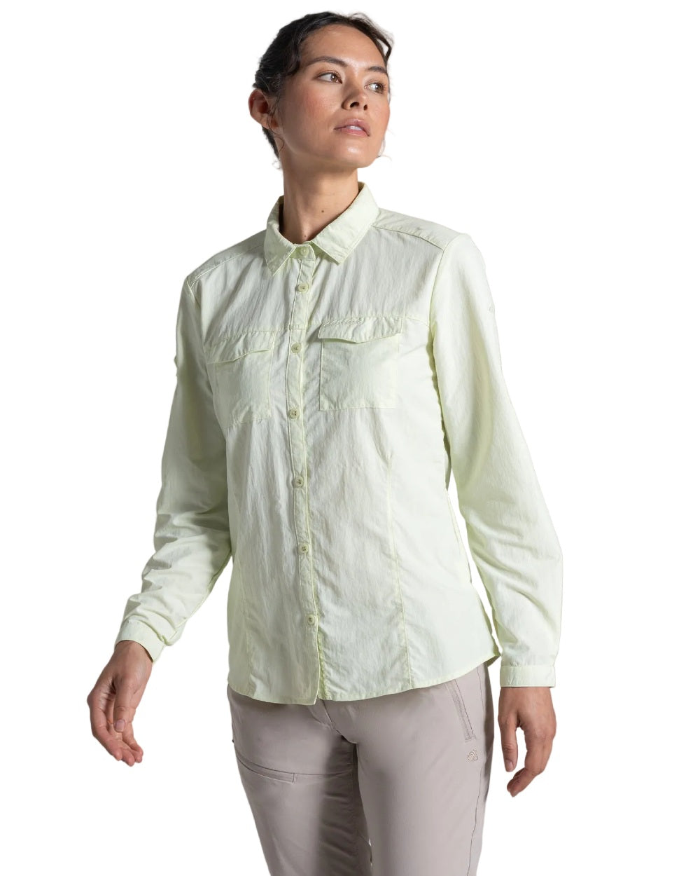 Pear Drop coloured Craghoppers Womens NosiLife Adventure Long Sleeved Shirt III on white background