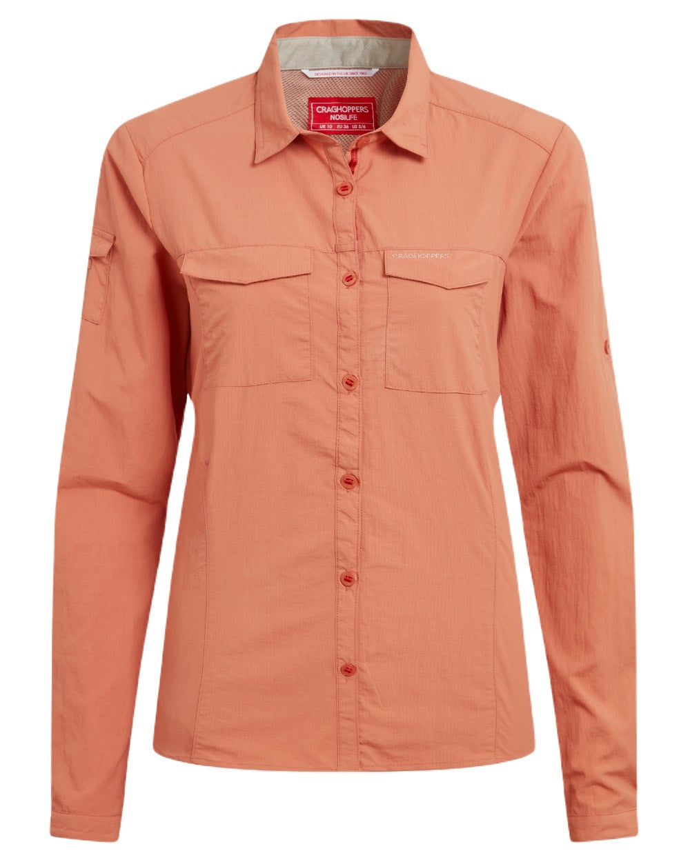 Red Sandstone coloured Craghoppers Womens NosiLife Adventure Long Sleeved Shirt III on white background