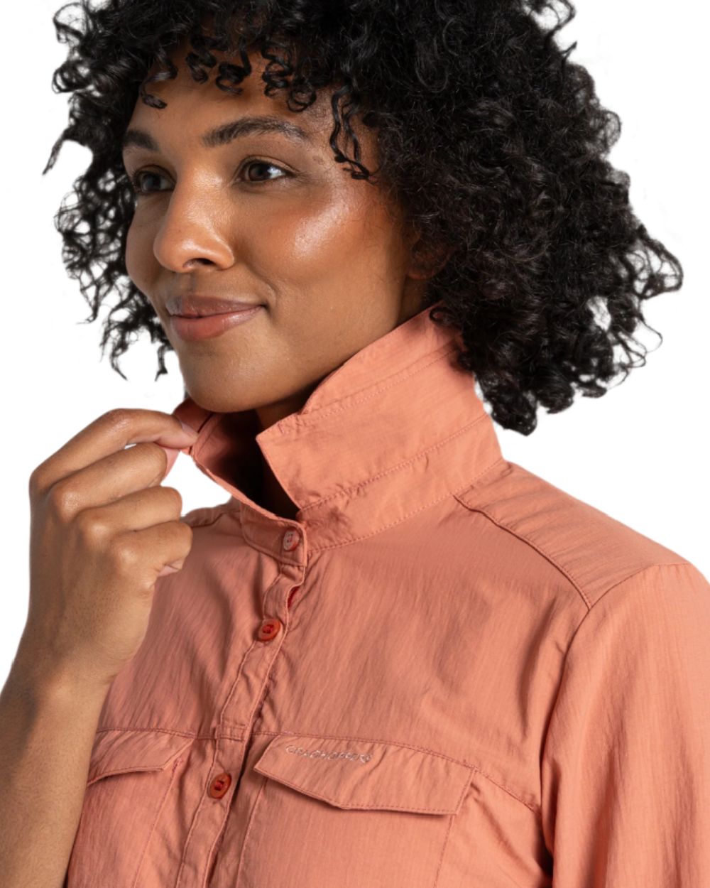 Red Sandstone coloured Craghoppers Womens NosiLife Adventure Long Sleeved Shirt III on white background