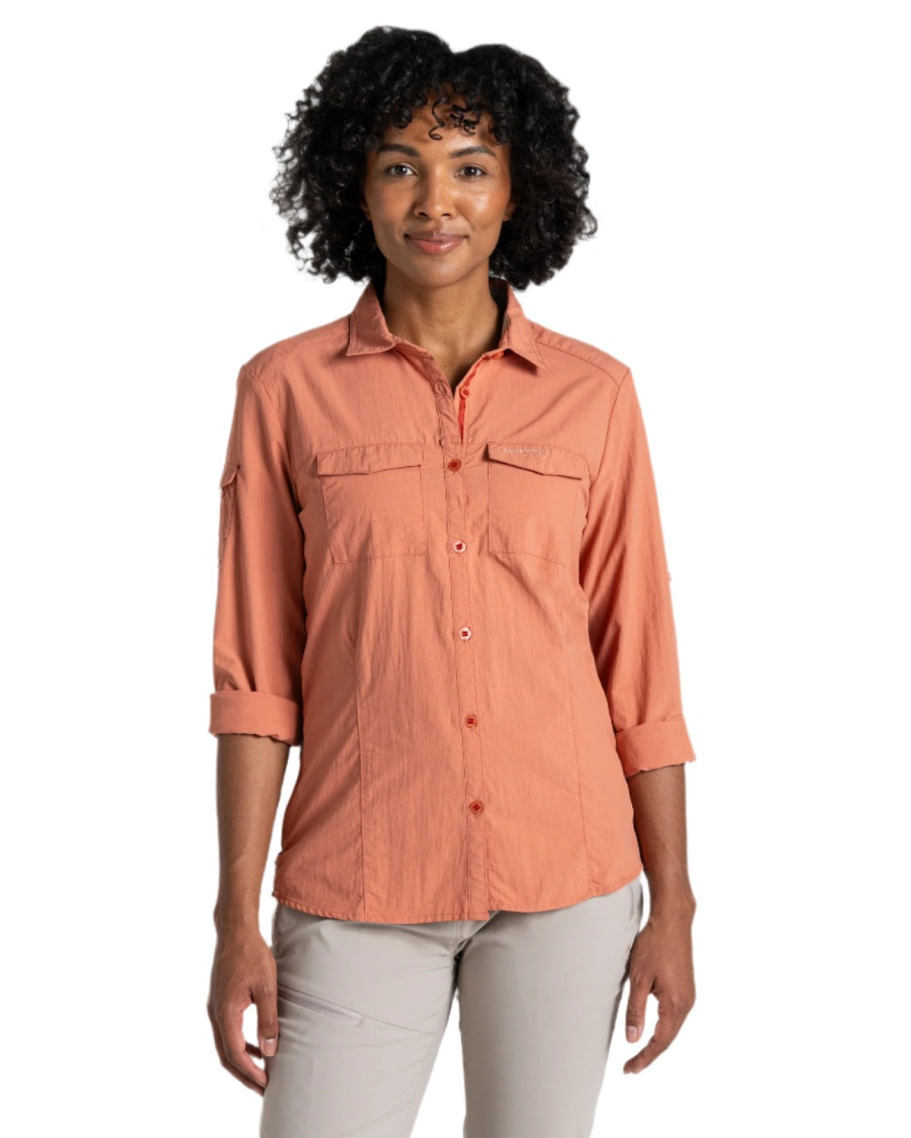 Red Sandstone coloured Craghoppers Womens NosiLife Adventure Long Sleeved Shirt III on white background