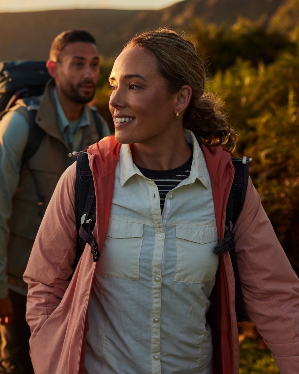 Seasalt coloured Craghoppers Womens NosiLife Adventure Long Sleeved Shirt III on forest background