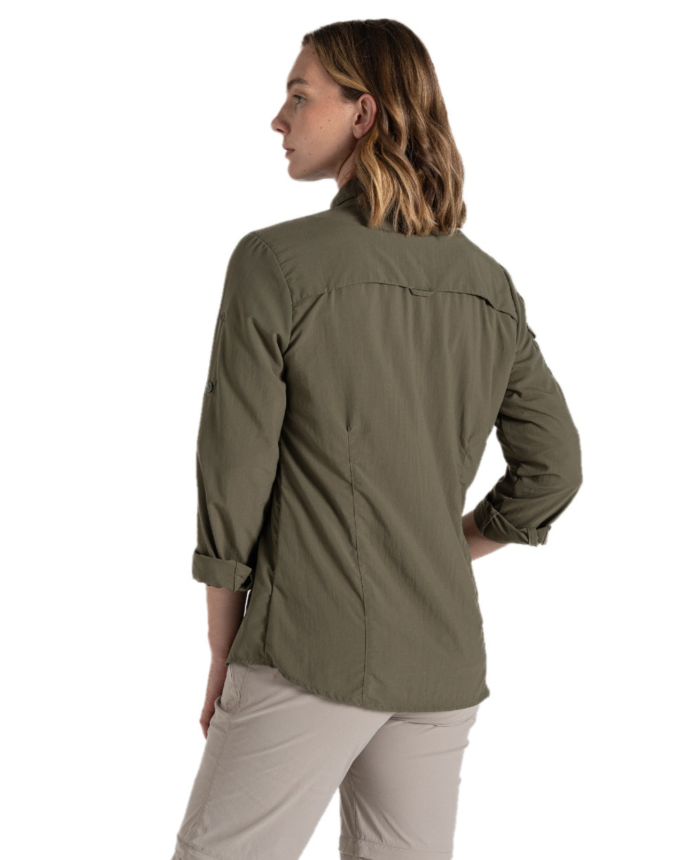 Wild Olive coloured Craghoppers Womens NosiLife Adventure Long Sleeved Shirt III on white background