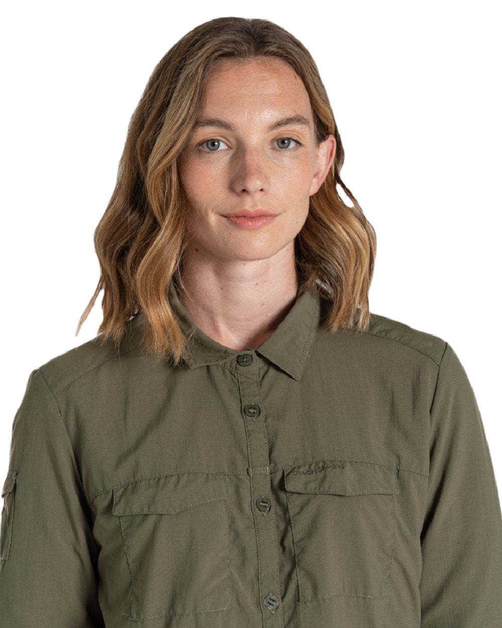 Wild Olive coloured Craghoppers Womens NosiLife Adventure Long Sleeved Shirt III on white background