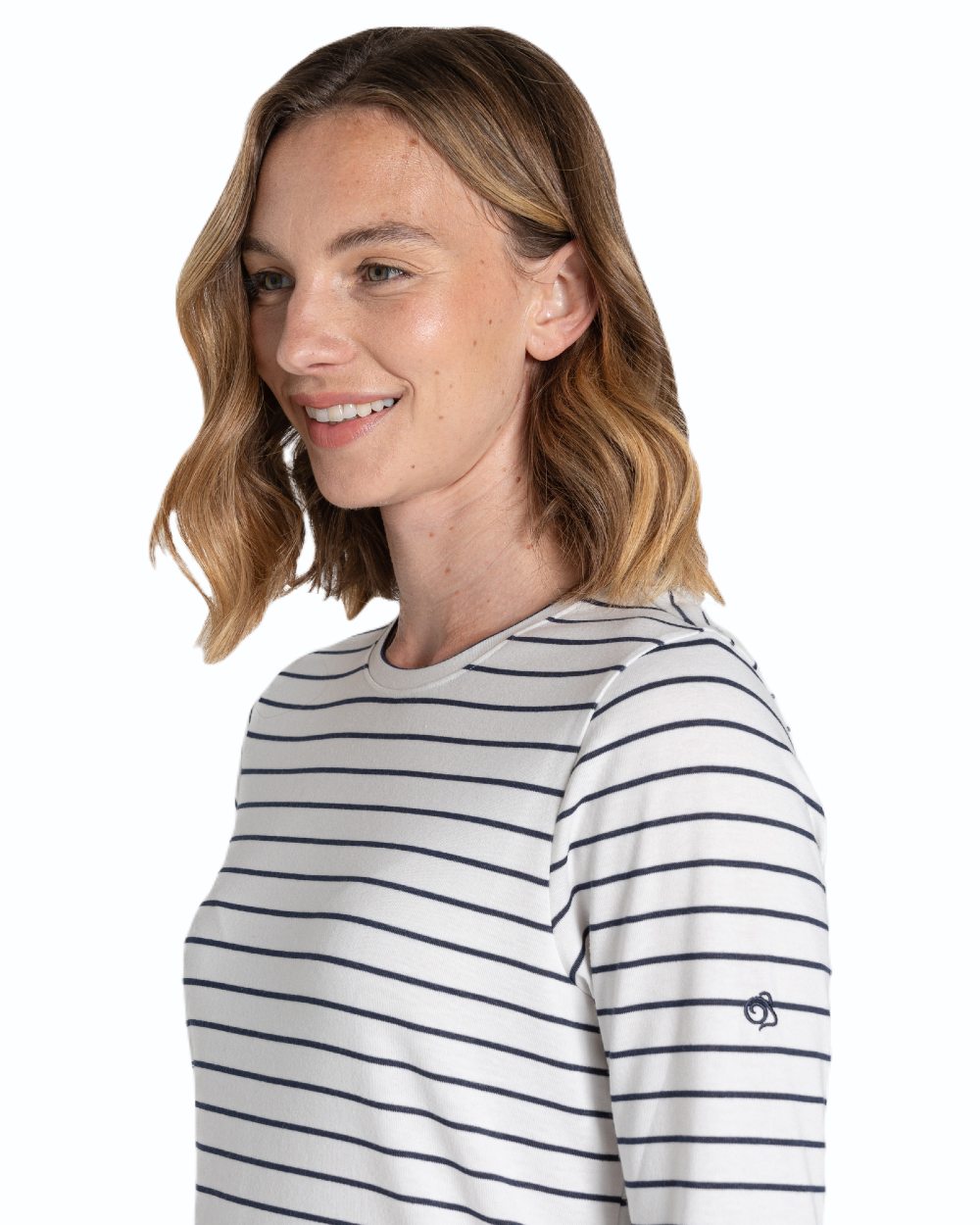 Blue Navy Stripe coloured Craghoppers Womens NosiLife Akona Long Sleeved Top on white background