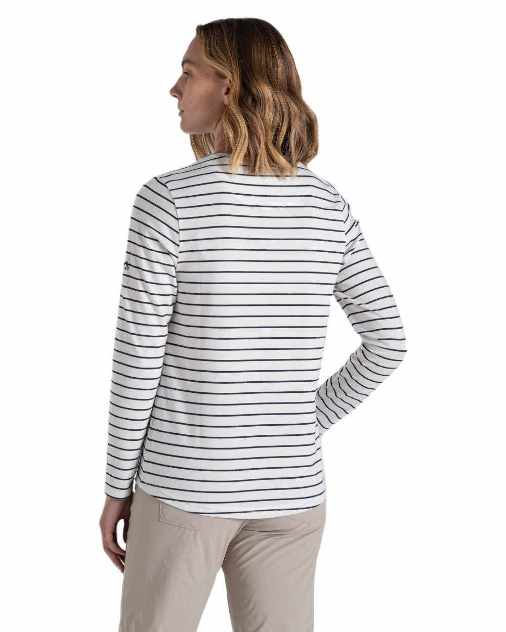 Blue Navy Stripe coloured Craghoppers Womens NosiLife Akona Long Sleeved Top on white background