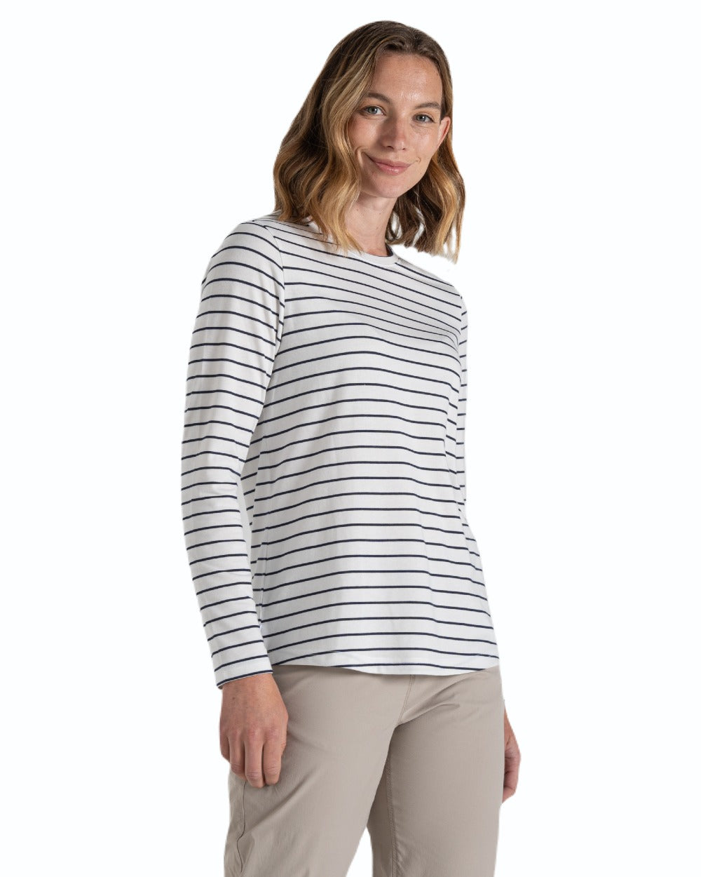 Blue Navy Stripe coloured Craghoppers Womens NosiLife Akona Long Sleeved Top on white background