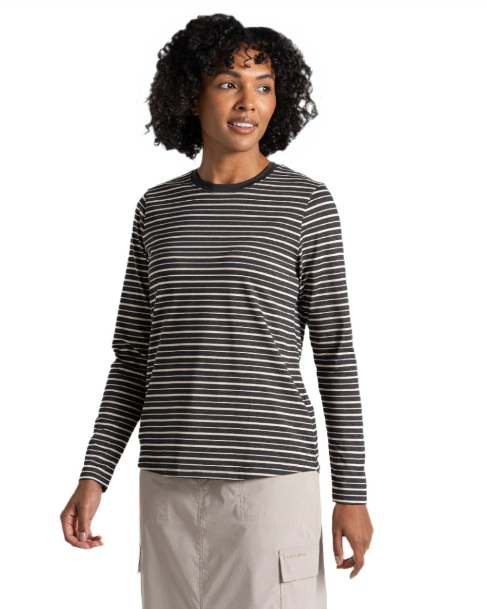 Charcoal Stripe coloured Craghoppers Womens NosiLife Akona Long Sleeved Top on white background