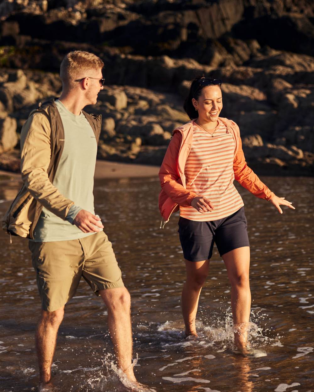 Clay Stripe coloured Craghoppers Womens NosiLife Akona Long Sleeved Top on beach background