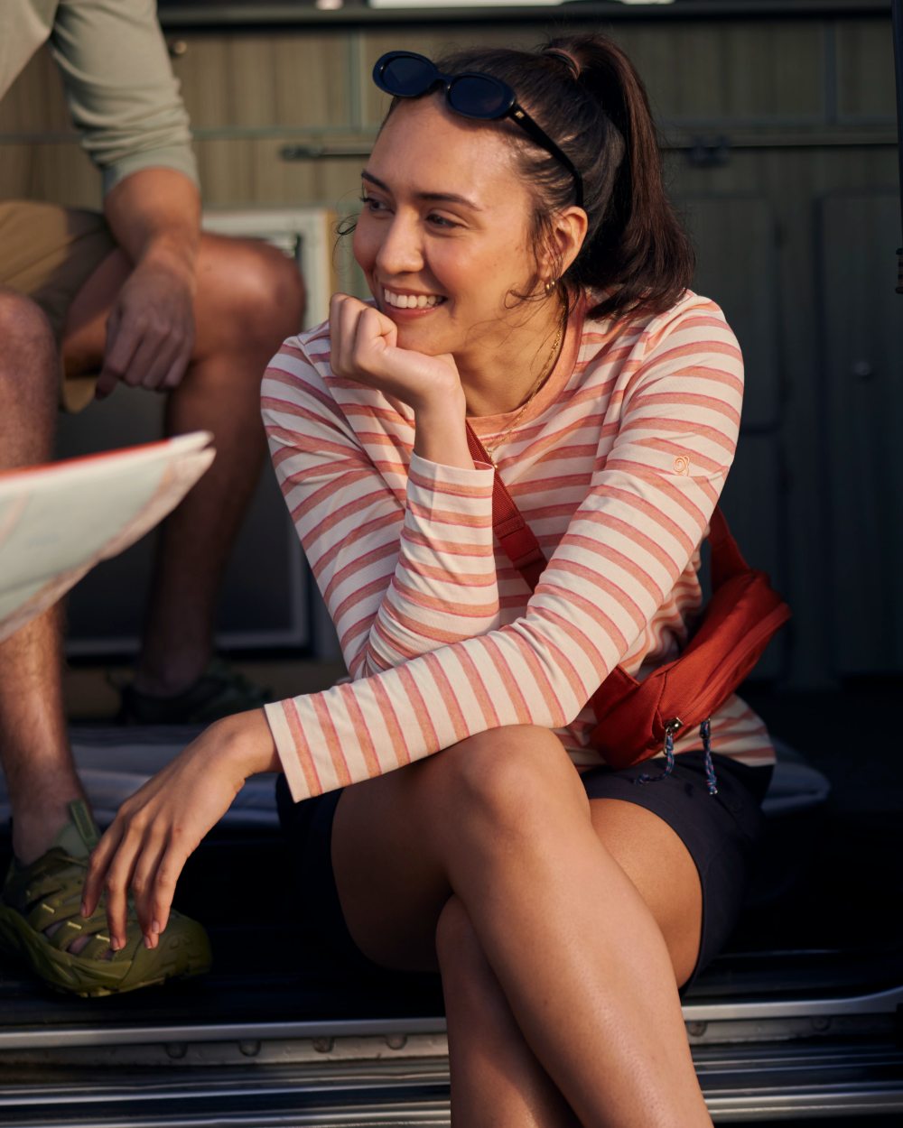 Clay Stripe coloured Craghoppers Womens NosiLife Akona Long Sleeved Top on camper background