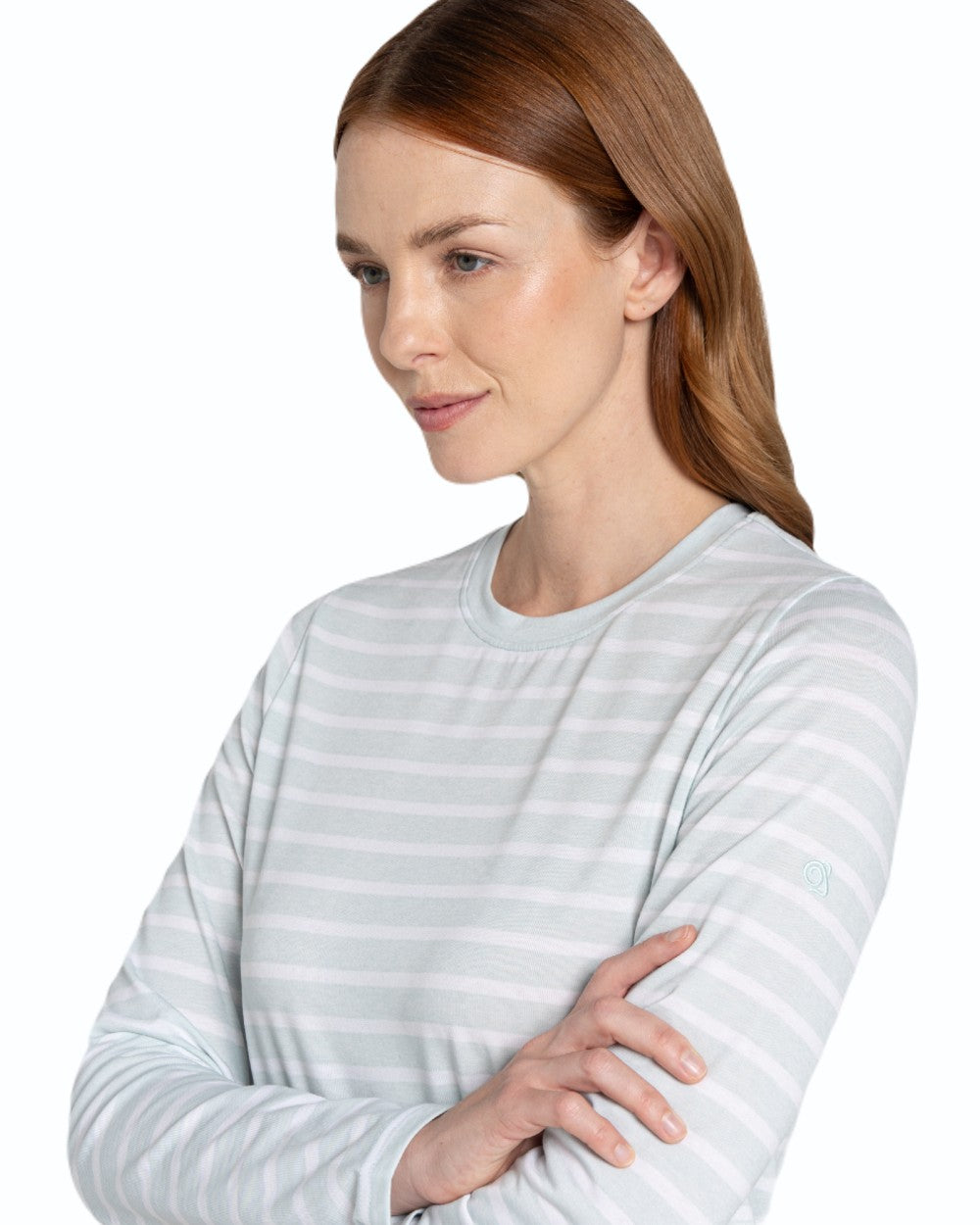 Nimbus Blue Stripe coloured Craghoppers Womens NosiLife Akona Long Sleeved Top on white background