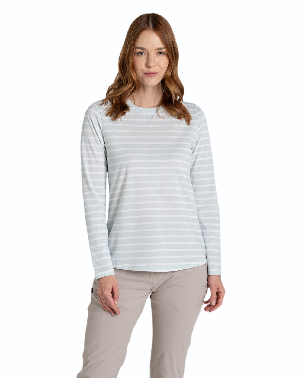 Nimbus Blue Stripe coloured Craghoppers Womens NosiLife Akona Long Sleeved Top on white background