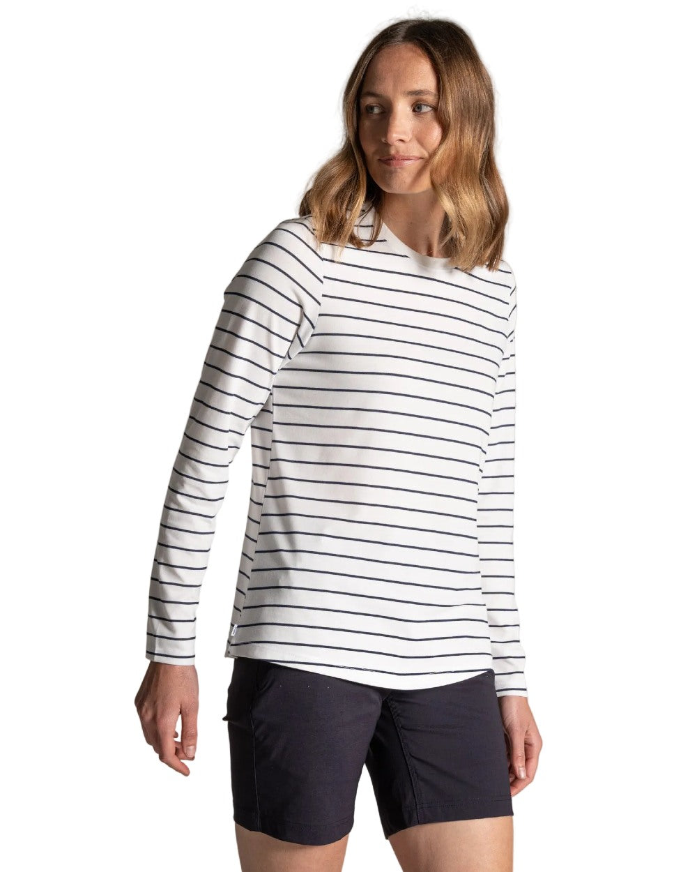 Sail White Blue Navy Stripe coloured Craghoppers Womens NosiLife Akona Long Sleeved Top on white background