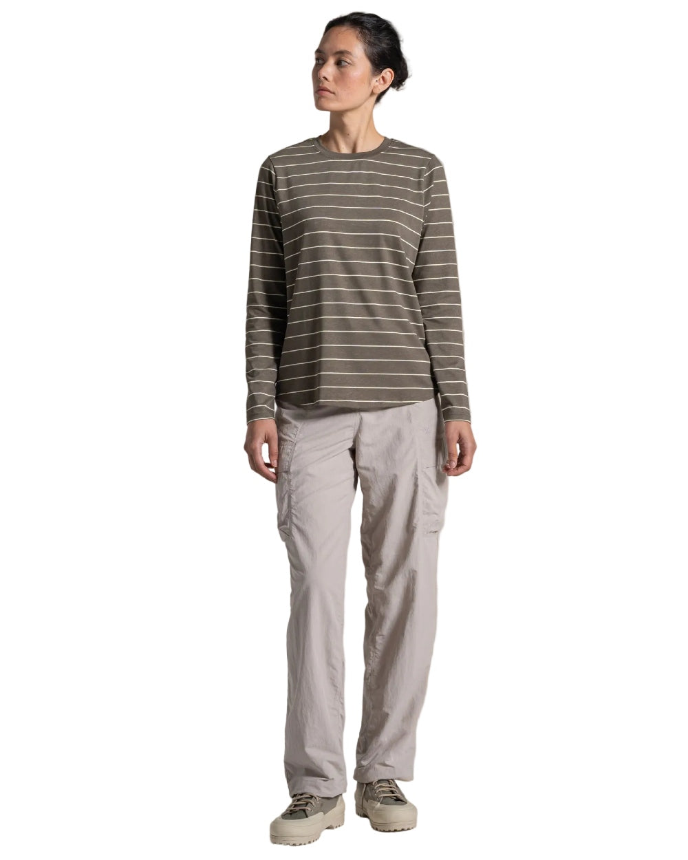 Wild Olive Stripe coloured Craghoppers Womens NosiLife Akona Long Sleeved Top on white background
