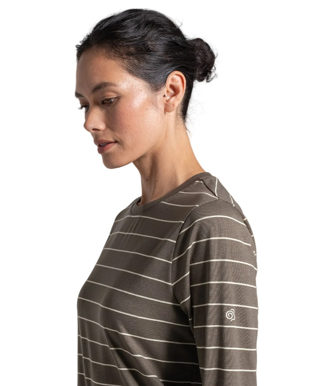 Wild Olive Stripe coloured Craghoppers Womens NosiLife Akona Long Sleeved Top on white background