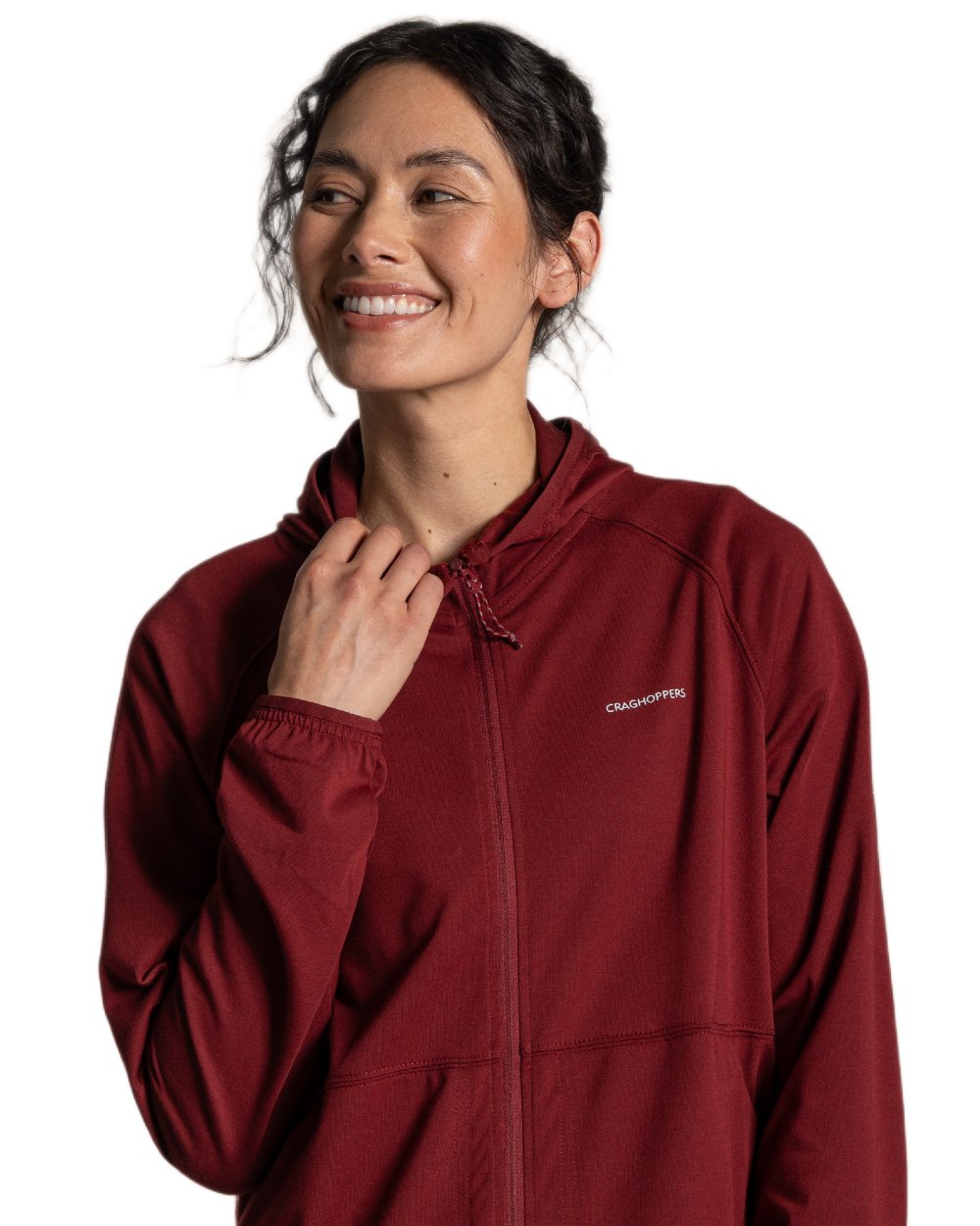 Riad Red coloured Craghoppers Womens NosiLife Aya Hooded Jacket on white background