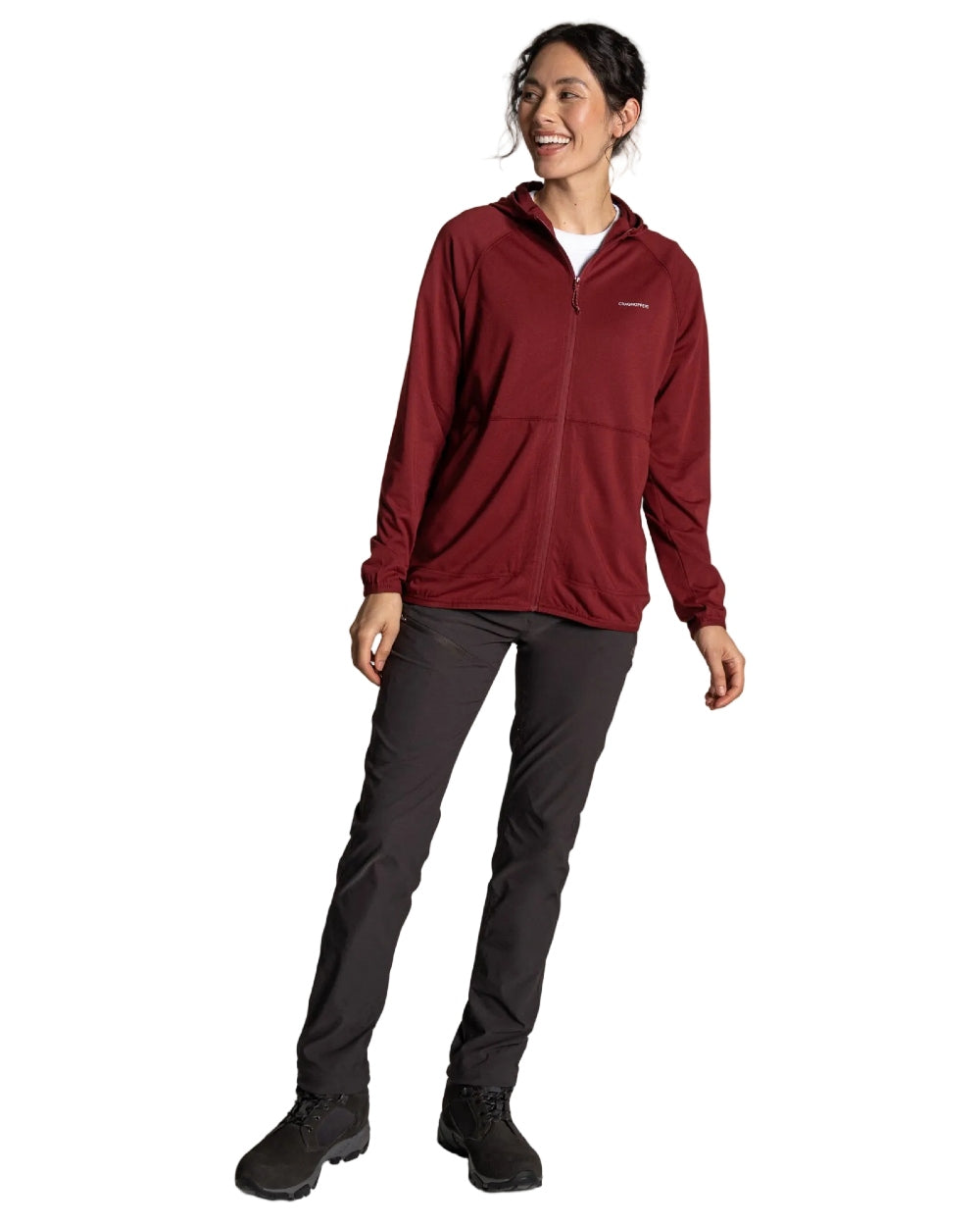 Riad Red coloured Craghoppers Womens NosiLife Aya Hooded Jacket on white background