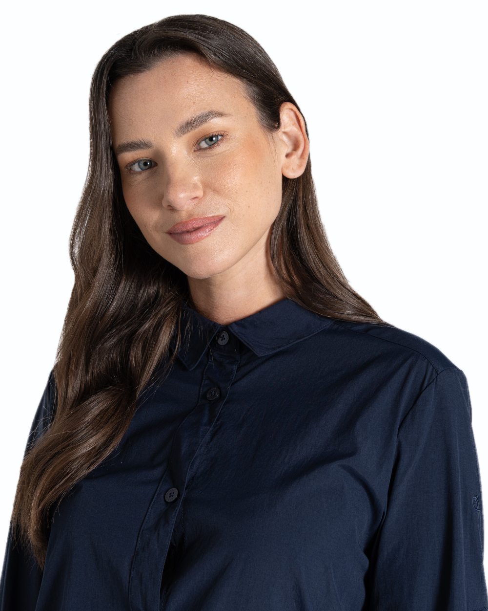 Blue Navy coloured Craghoppers Womens NosiLife Freeda Long Sleeved Shirt on white background